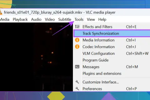VLC media player menu with "Track Synchronization" highlighted, used to sync subtitles.