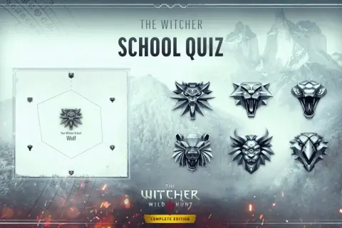 Quiz "Szkoły Wiedźmińskie" z symbolami wilka, węża, niedźwiedzia i gryfa. Wynik: Szkoła Wilka.