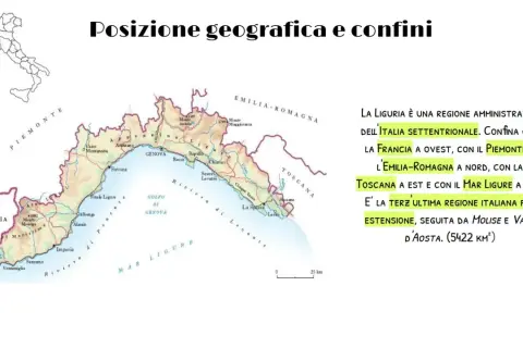 La Liguria, con le sue colline, confina con Francia, Piemonte, Emilia-Romagna, Toscana e Mar Ligure. È la terzultima regione italiana per estensione.