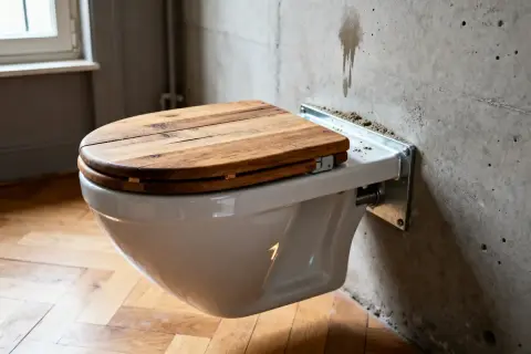 WC suspendu avec abattant en bois, une solution moderne pour optimiser l'espace. La hauteur du WC suspendu est idéale pour un nettoyage facile.