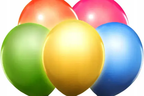 Pięć kolorowych, błyszczących balonów: pomarańczowy, zielony, żółty, różowy i niebieski. Te balony neonowe wyglądają jak tęcza.