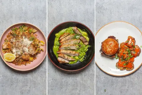 Festival food shopping list inspiration: crispy chicken with green sauce, a burger with smashed potatoes, and a pasta dish with lemon.