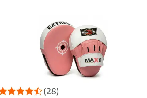 Pink and white boxing pads, perfect for training. Learn how to hold pads for boxing with these durable MAXX Pro Boxing Gear mitts.