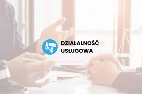 Dwie osoby przy stole, symbol prawniczy i napis "Działalność usługowa".