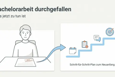 Mann sitzt am Schreibtisch, seine Bachelorarbeit ist durchgefallen. Ein Pfeil zeigt auf eine Treppe mit Symbolen für Planung und Zielerreichung.