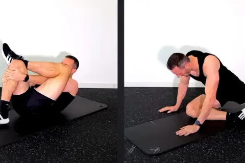 Man utför övningar för piriformis syndrom svenska. En övning liggande på rygg, en annan i sittande position.