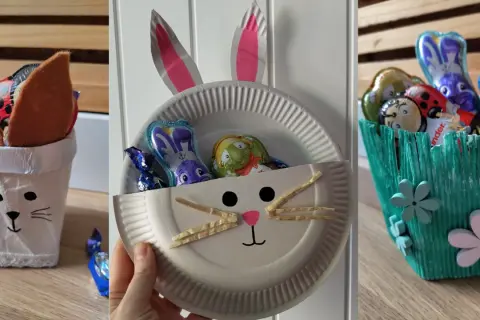 Drei süße Ideen zum Osternest basteln mit Kindern: ein Hasenbecher, ein Teller-Osterhase und ein grüner Osterkorb, gefüllt mit Schokohasen.