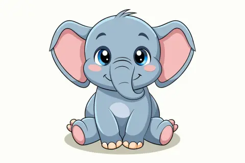 Elefante bebé azul, con grandes orejas rosadas y ojos brillantes. Ideal para copias para niños de 7 a 8 años.