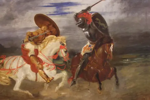 Dwóch rycerzy na koniach ściera się w walce, jak w epopei rycerskiej. Jeden w złotej zbroi na białym koniu, drugi w ciemnej na brązowym.