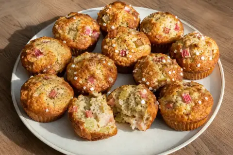 Fredriks rabarbermuffins, gyllene och toppade med pärlsocker, ser ljuvliga ut. En muffin är uppdelad och visar saftig rabarber.