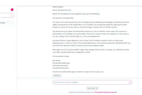 KI-generierter Text, um um Verzeihung bitten für verspätete Lieferung. Bietet 10% Rabatt für nächste Bestellung.
