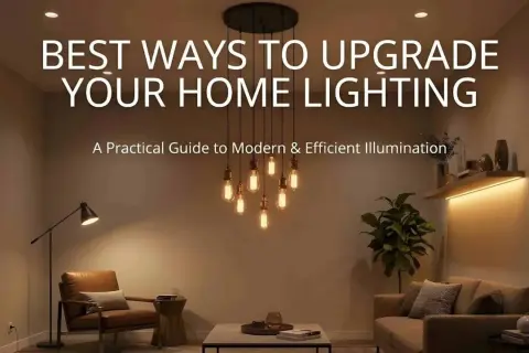 Modern living room with stylish DIY lighting upgrades, featuring a chandelier, floor lamp, and accent shelf lighting.
