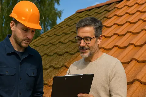 Deux hommes discutent sur un toit. L'un porte un casque orange. Ils examinent un document, peut-être pour le prix d'entretien de toiture.