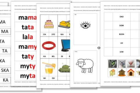 Numicon karty pracy do nauki czytania: obrazki zwierząt, przedmiotów i sylab.