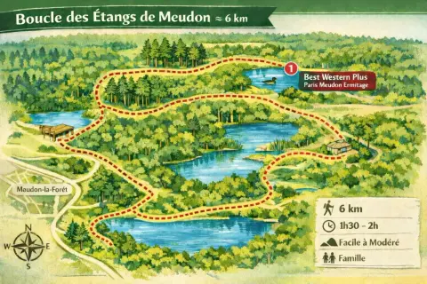 Carte de la boucle des étangs de Meudon, un sentier de 6 km à travers la forêt, avec des lacs, des chemins et des indications de durée et difficulté.