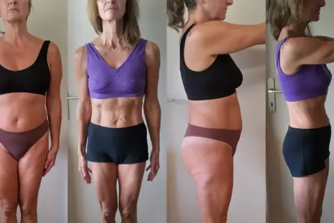 Transformation d'une femme montrant les résultats de prendre du muscle après 50 ans. Avant/après, vues de face et de profil.