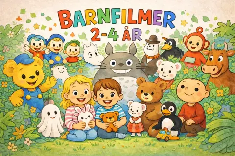 En glad samling figurer, inklusive Bamse och Totoro, omgivna av blommor och löv. Perfekt för bra barnfilmer 2-4 år.