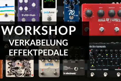 Workshop Verkabelung Effektpedale: Eine Auswahl verschiedener Gitarreneffektpedale, die für die richtige Pedalboard Reihenfolge arrangiert sind.