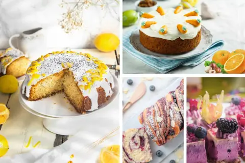 Köstliche Kuchen-Kreationen: Zitronen-Mohn-Kuchen, Karottenkuchen mit Zuckerguss, Blaubeer-Zimtschnecke und Beeren-Desserts – ideal für Diabetiker.