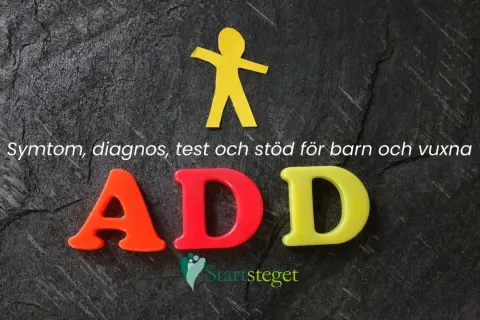 ADD-bokstäver, en gul figur och text om symtom, diagnos, test och stöd för barn och vuxna med sociala svårigheter.
