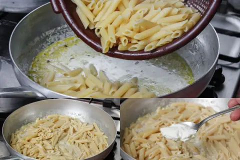 Makaron penne z sosem na bazie masła i śmietanki, do którego dodawana jest łyżka ricotty.