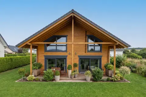Ein schönes Holzhaus mit Terrasse und Garten. Informieren Sie sich über Holzhaus Kosten für Ihr Traumhaus.