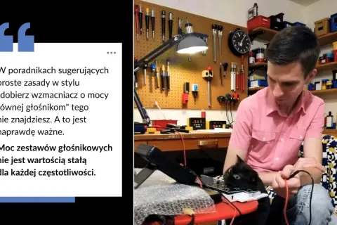 Mężczyzna z kotem przy biurku pełnym narzędzi. Tekst mówi o tym, że moc zestawów głośnikowych nie jest stała dla każdej częstotliwości.