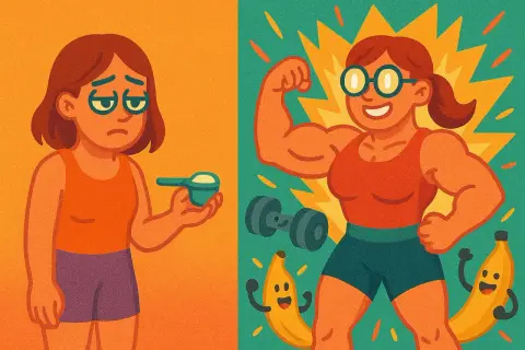 Prima triste con misurino, poi forte e sorridente con banana e pesi. La creatina fa ingrassare donne? No, costruisce muscoli!