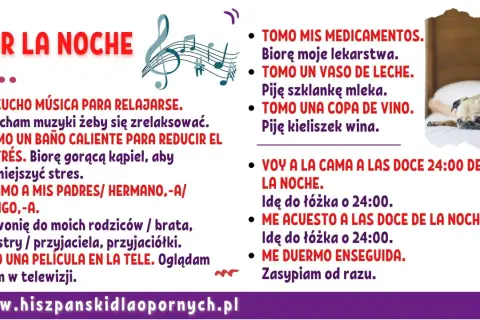Podstawowe zwroty po hiszpańsku na wieczór: słucham muzyki, biorę kąpiel, dzwonię do bliskich, oglądam film, piję mleko lub wino, idę spać.