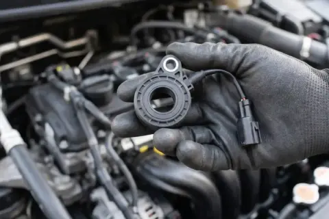 Mechanik w czarnej rękawiczce trzyma nowy czujnik spalania stukowego, gotowy do montażu w silniku samochodu.