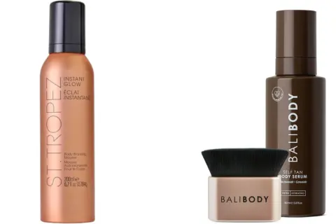 Due flaconi di autoabbronzante, uno mousse St. Tropez e un siero Bali Body, mostrano come funziona l'abbronzatura senza sole.