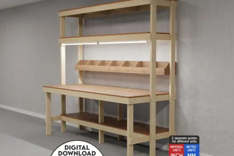 Plan établi menuisier pour un établi de rangement en bois, avec étagères et bacs de rangement. Idéal pour les projets DIY.