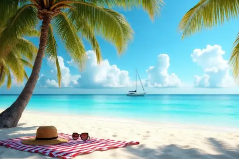 Idealne miejsce, gdzie jest ciepło w lutym: piaszczysta plaża, palmy, turkusowa woda i żaglówka na horyzoncie. Na ręczniku leżą słomkowy kapelusz i okulary przeciwsłoneczne.