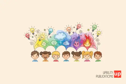 Ilustración de niños con diversas emociones, representadas por nubes de colores y bombillas encendidas.