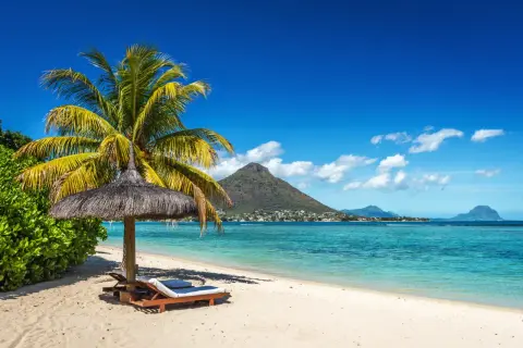 Rajska plaża z palmą i leżakami. Czy warto jechać na Mauritius? Widok na góry i turkusowe morze.