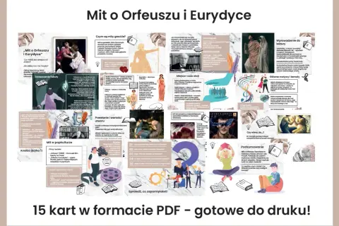 Plakat z grafikami i tekstem o micie Orfeusza i Eurydyce, przedstawiający sceny z mitu i elementy popkultury.