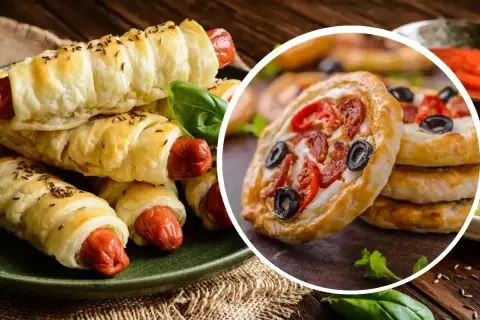 Wykwintna kolacja na ciepło: parówki w cieście francuskim i mini pizze z pomidorkami i oliwkami.