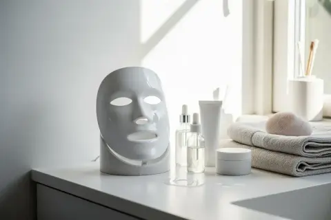 Ansiktsmaskin för LED-terapi och hudvårdsprodukter, inklusive serum och en borste för mekanisk peeling.