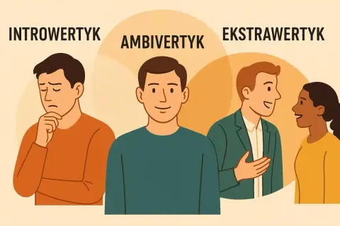 Trzy postacie: zamyślony introwertyk, uśmiechnięty **ambiwertyk** i rozmawiający ekstrawertyk z kobietą.