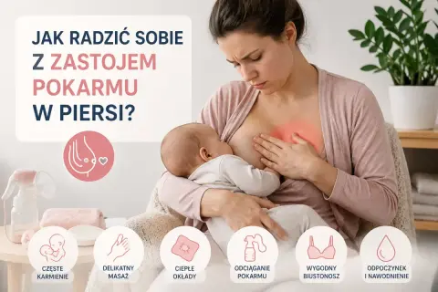 Kobieta karmi dziecko, czując ból z powodu zastoju pokarmu w piersi. Grafika podpowiada, jak sobie z tym radzić.
