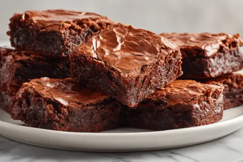 Stos pysznych, wilgotnych brownie z airfryer na białym talerzu. Idealne na deser.
