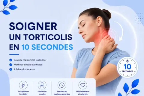 Femme soulageant une douleur à la base de la nuque, avec des indications de soulagement rapide en 10 secondes.