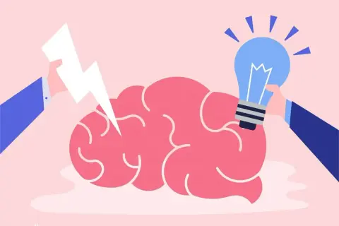 Een bliksemflits en een gloeilamp worden bij een roze brein gehouden, wat ideeën en creativiteit symboliseert, perfect voor hoogbegaafd.