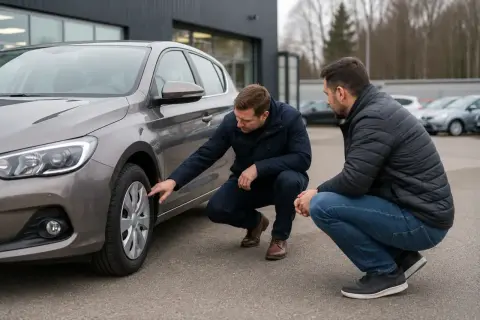 Två män inspekterar en bil. En av dem pekar på däcket, kanske för att diskutera ett serviceprotokoll för bilen.