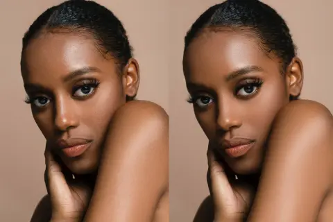 Portrait d'une femme à la peau foncée, avant et après la technique de fréquence séparation Photoshop pour un teint lisse et éclatant.