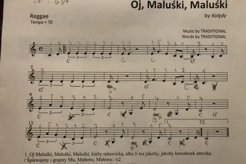 Fragment partytury z zapisanymi nutami, akordami i palcowaniem, z tytułem "Oj, Maluśki, Maluśki".