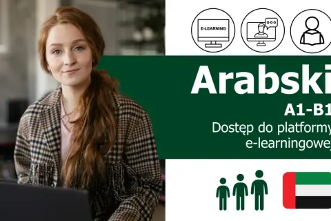 Młoda kobieta z rudymi włosami uczy się arabskiego online. Dostęp do platformy e-learningowej A1-B1.