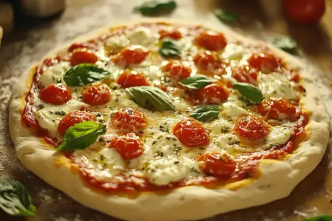 Domowa pizza margherita z pomidorkami koktajlowymi, mozzarellą i bazylią.