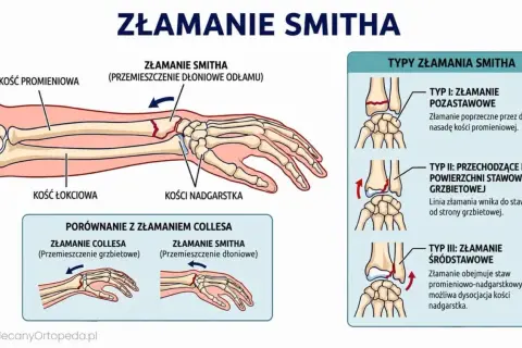 Ilustracja przedstawia złamanie nasady bliższej kości łokciowej, zwane złamaniem Smitha, z przemieszczeniem odłamu w kierunku dłoniowym.