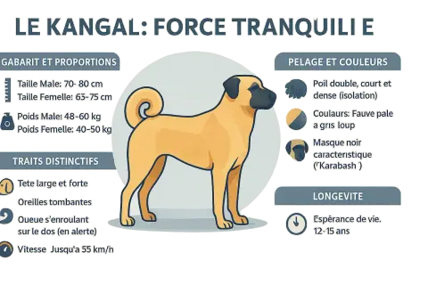 Le Kangal, un chien puissant et imposant, peut sembler dangereux mais est décrit comme calme. Il a un pelage fauve pâle, un masque noir et une queue enroulée.